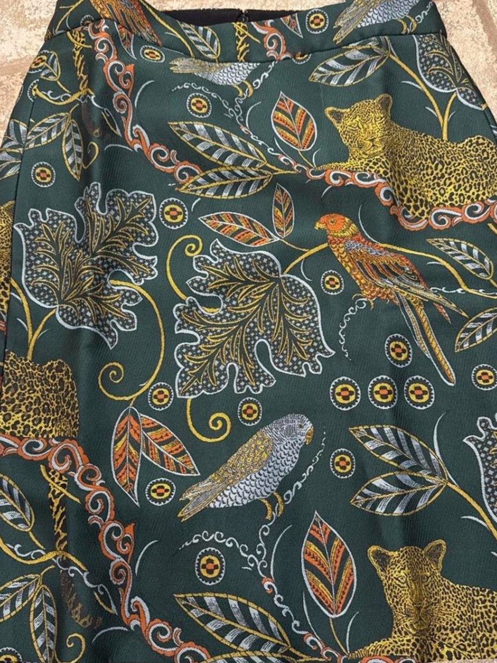 J. Crew Forest Green Pencil Skirt with Multicolor Bird & Leopard Print